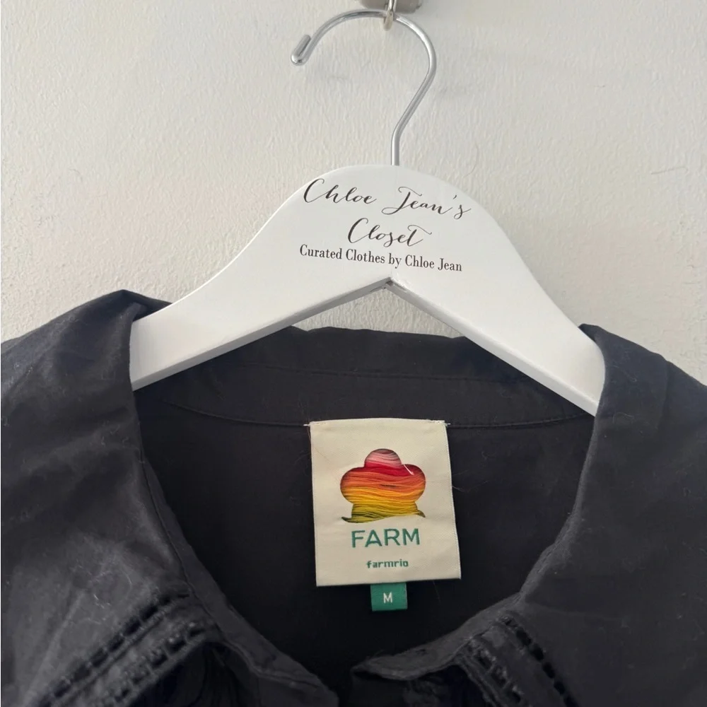 FARM RIO Embroidered Eyelet Puff Sleeve Button Up Black Shirt M